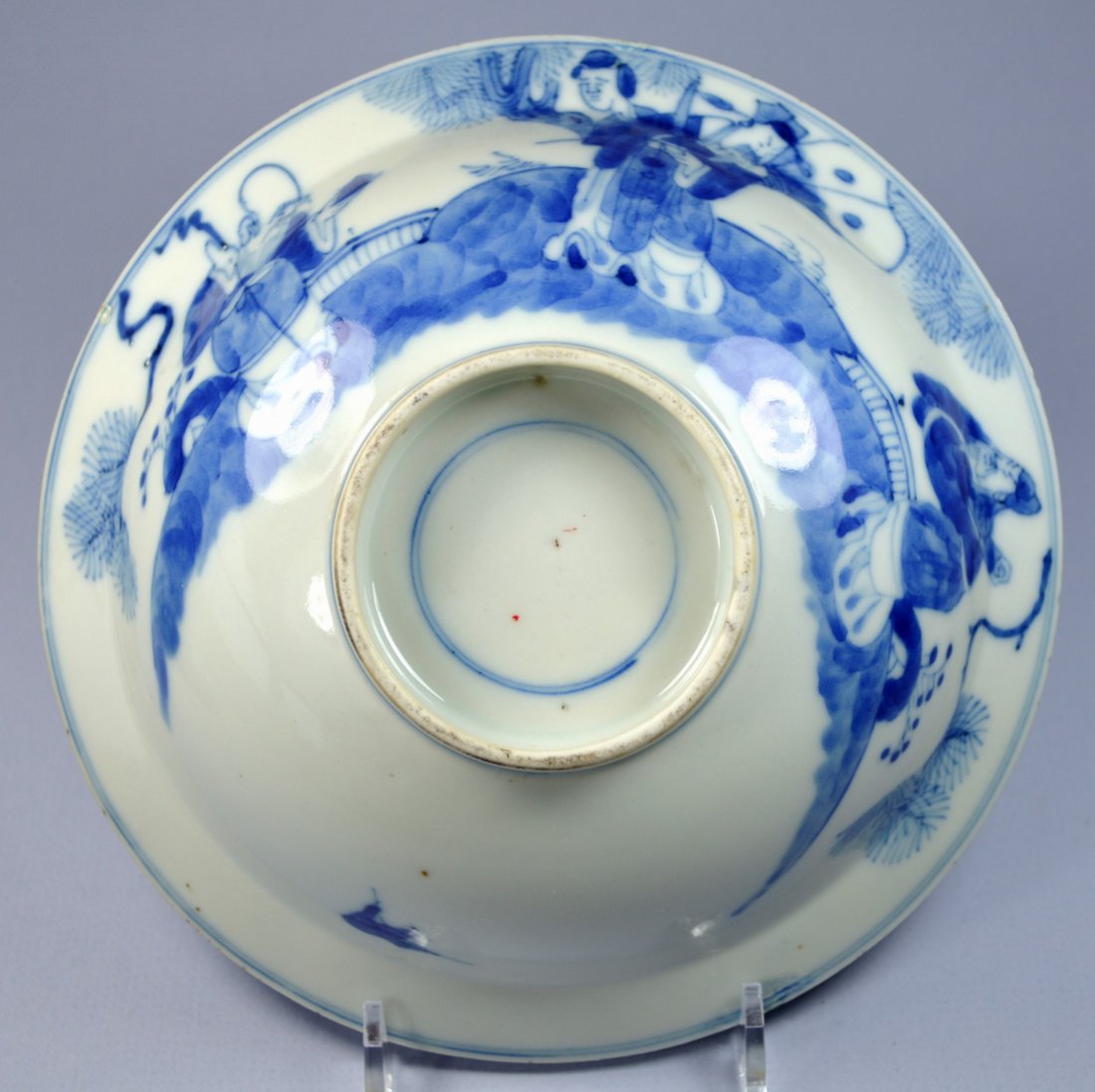 CHINESE QIANLONG SQUAT PORCELAIN BOWL CA. 1850: A superb Chinese blue on white underglaze porcelain squat bowl, decorated with river and la. Size: 7 inches diameter, 2.25 inches height. Excellent condition, a few minor touch ups around the rim. Pro