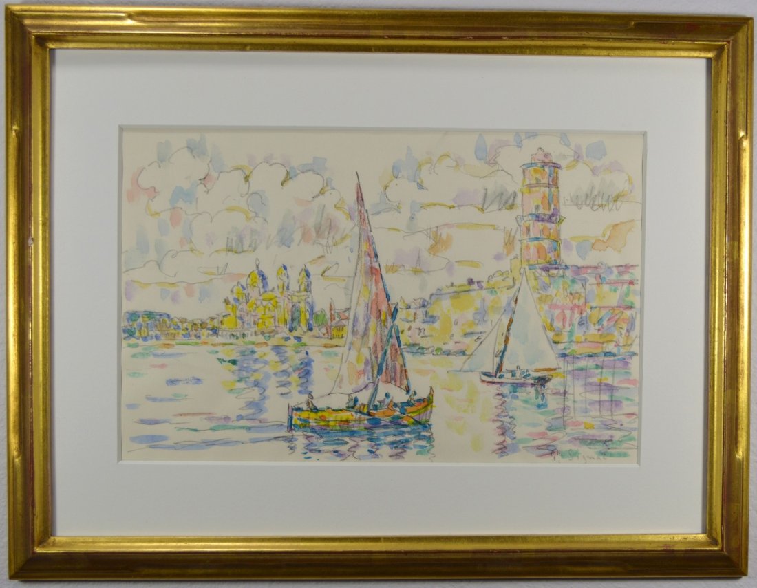 PAUL SIGNAC (ATTR) WATERCOLOR ON PAPER: Watercolor and graphite on paper bearing the signature P. Signac possibly Paul Signac. Possible view harbor of Marseille. Size 10.5 x 6.75 inches. Framed 17.5 x 13.75 inches. Exc Cond, some toning to 