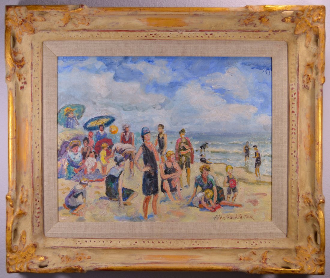 OIL ON BOARD MARTHA WALTER ATTR: A fantastic oil on board beach scene attr Martha Walter. Sight 11 x 14 inches, framed 16 x 19 inches, excellent condition. Private collection.