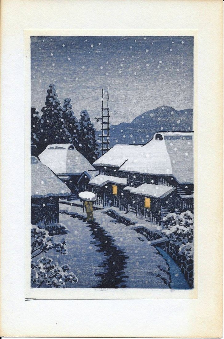 KAWASE HASUI JAPANESE WOODBLOCK PRINT: Original stunning Kawase Hasui woodblock print on rice paper. Depicting a village scene in winter. Print laid on paper. 14 x 9 cm net size. Excellent condition. Provenance: Private collection, Ohio.