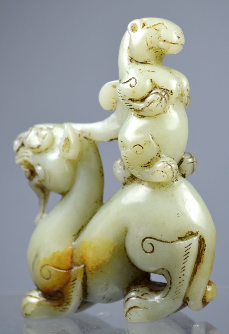 CHINESE HETIAN JADE CARVED DOUBLE BEASTS STATUE (1 of 5)
