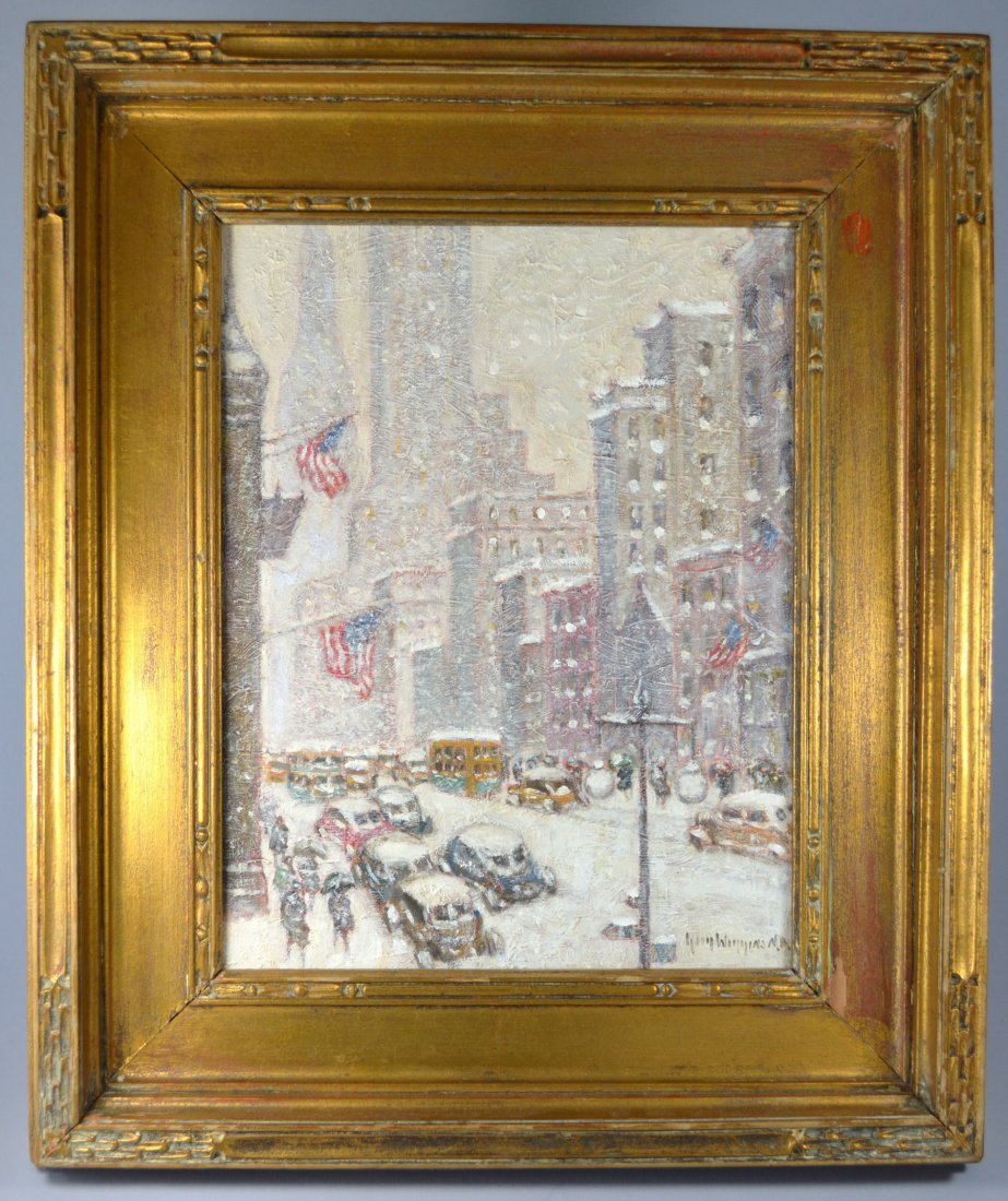 VINTAGE OIL ON BOARD GUY WIGGINS (ATTR) WINTER AT THE (1 of 5)