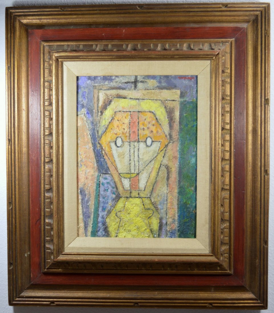 OIL ON BOARD ATTR RUFINO TAMAYO ATTR: A superb oil and sand on board with an original Mexican Carved frame. Attr R. Tamayo. Sight 9 x 12 inches. The painting is presumably titled "the Bishop". Excellent condition. Private collection.