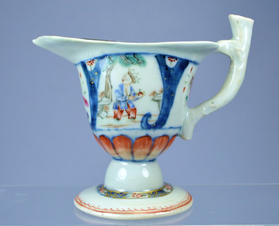 CHINESE MANDARIN FIGURAL HELMET JUG CA.18TH C: An amazing Chinese figural Mandarin porcelain helmet jug ca. 1770's. Decorated in famille rose with a romantic landscape scene. Size 10 cm tall. Excellent condition. Provenance: Pivate collection, Van