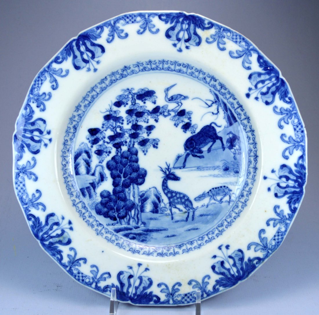 CHINESE YONGZHENG PORC PLATE CA.17TH C: A fantastic Chinese Yongzheng porcelain plate ca 17-18th c. Blue on white underglaze decoration romantic landscape with buffalo and deer. Diameter 22.5cm. Excellent condition other than some minor chi