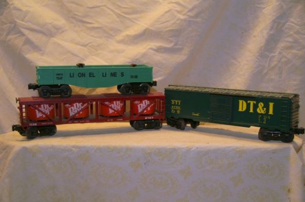 6-9750, 6-9107, 6-16915: DT&I box car, Dr. pepper vat, Lionel lines gondola
