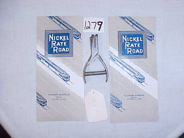 NKP Ticket Punch & Pass Schedules: Ticket punch was labeled NKP by the owner, in good condition with normal wear; 1 NKP Passenger Schedule-Oct. 29, 1961, 1- NKP Passenger Schedule-Oct. 27, 1963, both in good condition.