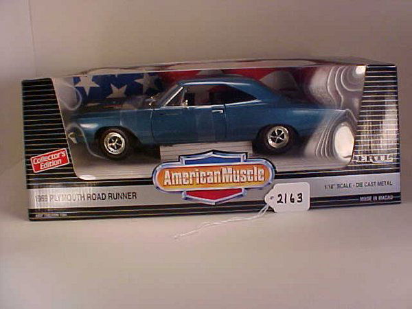 Ertl American Muscle, 1969 Plymouth: Ertl American Muscle, 1969 Plymouth Ertl American Muscle, 1969 Plymouth Road runner, #7384, painted authentic jamaica blue with black stripes, collectors edition, mint in mint box
