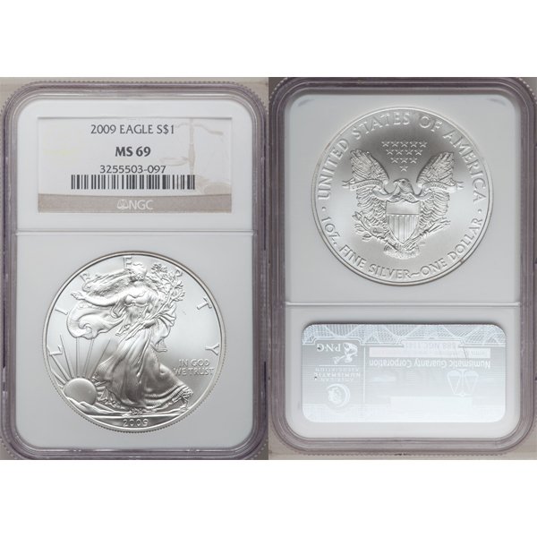 2009 Silver Eagle MS69 NGC - Brown Label: 2009 MS69 NGC Brown Label Silver American Eagle Bullion Coin by The United States Mint. The Silver Eagle Coin Has a Legal Tender Value of $1 and Contains 1 Oz of .999 Fine Silver.