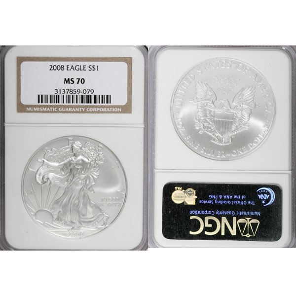 2008 Silver Eagle MS70 NGC - Brown Label: Perfect 70 Coins! 2008 MS70 NGC Brown Label Silver American Eagle Bullion Coin by The United States Mint. The Silver Eagle Coin Has a Legal Tender Value of $1 and Contains 1 Oz of .999 Fine Silver.