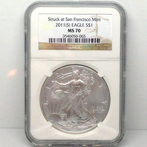 2011-(S) Silver Eagle MS70 NGC - Brown Label: Perfect 70 Coins. 2011-(S) Struck at San Francisco Mint MS70 NGC Brown Label Silver American Eagle Bullion Coin by The United States Mint. The Silver Eagle Coin Has a Legal Tender Value of $1 and Cont