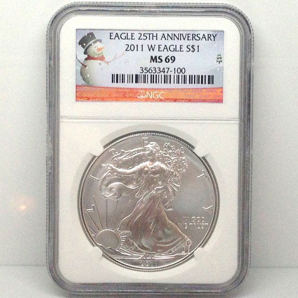 2011-W Eagle 25th Ann MS69 NGC Snowman Label: 25th Anniversary 2011-W MS69 NGC Snowman Label Burnished Silver American Eagle Bullion Coin by The United States Mint. The Silver Eagle Coin Has a Legal Tender Value of $1 and Contains 1 Oz of .999 Fi