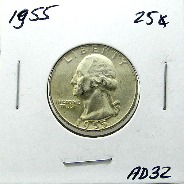 1955 Silver Washington Quarter #AD32: 1957 Silver Washington Quarter #AD29 Product Specifications: SKU: AD29 Year : 1957. Denomination: $.25 U.S. Dollar. Metal Composition: 90% silver, 10% copper. Condition: Uncirculated. Country of Man