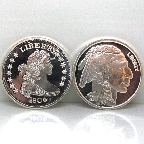 1804 Dollar & Buffalo Design .999 Silver Rounds: 2-Coin Set Includes: 1 Oz 1804 Silver Dollar Design .999 Fine Silver Round & 1 Oz Buffalo Design .999 Fine Silver Round. Made in USA.