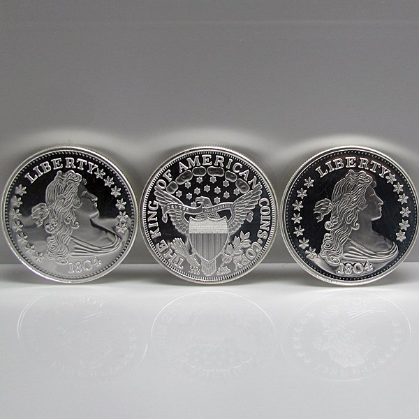 3-Coin Set:1804 Silver Dollar Design .999 Silver Rounds: 3-Coin Set Includes: 1 Oz 1804 Silver Dollar Design .999 Fine Silver Round. Made in USA.