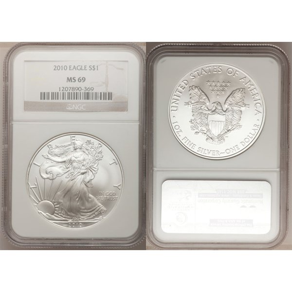 2010 Silver Eagle MS69 NGC - Brown Label: 2010 MS69 NGC Brown Label Silver American Eagle Bullion Coin by The United States Mint. The Silver Eagle Coin Has a Legal Tender Value of $1 and Contains 1 Oz of .999 Fine Silver.