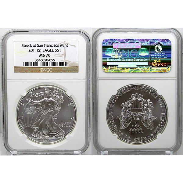 2011-(S) Silver Eagle MS70 NGC - Brown Label: Perfect 70 Coins. 2011-(S) Struck at San Francisco Mint MS70 NGC Brown Label Silver American Eagle Bullion Coin by The United States Mint. The Silver Eagle Coin Has a Legal Tender Value of $1 and Cont