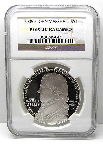 2005-P John Marshall Silver Dollar PF69 NGC: 2005-P John Marshall Silver Dollar PR69 UCAM NGC. Product Specifications: This Coin Commemorates the 250th Anniversary of Chief Justice John Marshall's Birth. Year : 2005. Grade: PR69 UCAM NGC. Condit