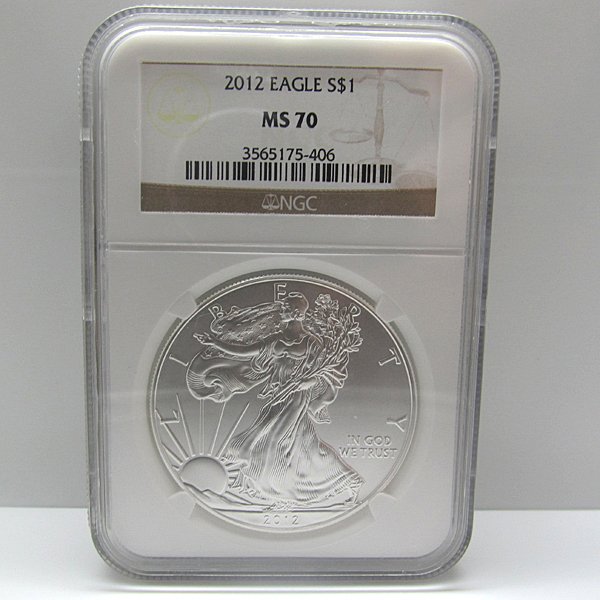 2012 Silver Eagle MS70 NGC - Brown Label: Perfect 70 Coins! 2012 MS70 NGC Brown Label Silver American Eagle Bullion Coin by The United States Mint. The Silver Eagle Coin Has a Legal Tender Value of $1 and Contains 1 Oz of .999 Fine Silver.