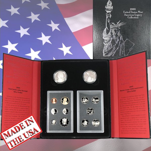2005 American Legacy Proof Set: This is the 2005 United States Mint American Legacy Collection. This Proof Set includes 13 coin, including: 2005-S Lincoln Cent, 2005-S Jefferson American Bison Nickel, 2005-S Jefferson Ocean in View 