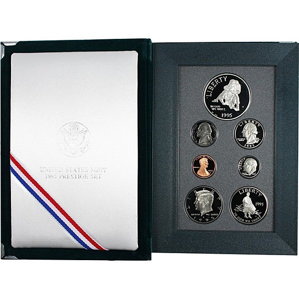 1995-S Prestige Proof Set w/Box: This 1995-S US Proof Prestige Set, Minted in San Francisco Includes a Kennedy Half Dollar, Washington Quarter, Roosevelt Dime, Jefferson Nickel, Lincoln Penny & Commemorative Silver Dollar in the Orig