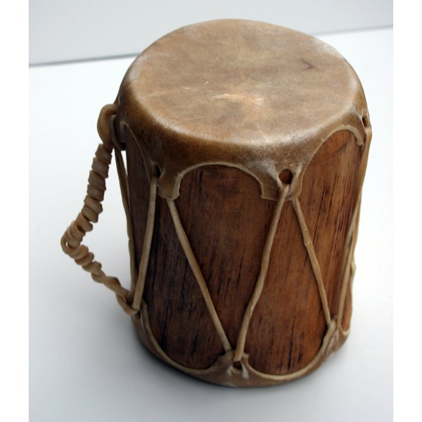 Native American Indian Traditional Drum: Stunning native barrel hoop drum carved from a single log with a hide stretched over each end. A coiled rawhide handle grip is woven from the hide. Gorgeous vintage patina to the hide and trunk. The H
