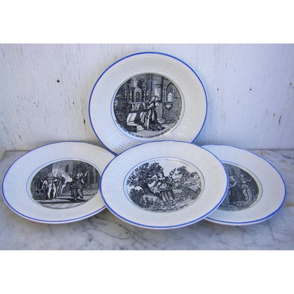 Antique Set of 4 Joan of Arc Plates by Sarreguemines in: 'Life of Jeanne D'Arc' series plates. Just beautifully done set of antiques plates by the famous Digion houseware house of Sarreguemines. These plates are roughly 7 inches wide