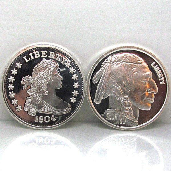 1804 Dollar & Buffalo Design .999 Silver Rounds: 2-Coin Set Includes: 1 Oz 1804 Silver Dollar Design .999 Fine Silver Round & 1 Oz Buffalo Design .999 Fine Silver Round. Made in USA.