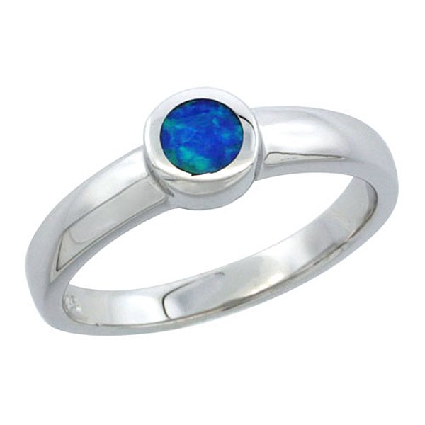 Sterling Silver Blue Opal Round Solitaire Ring: 925 Sterling Silver Blue Opal Round Solitaire Ring, 1/4" wide. The Quality of this Sterling Silver Ring is Outstanding. Each individual Opal Stone is Cut, Shaped and Expertly Inlaid by Hand combined w