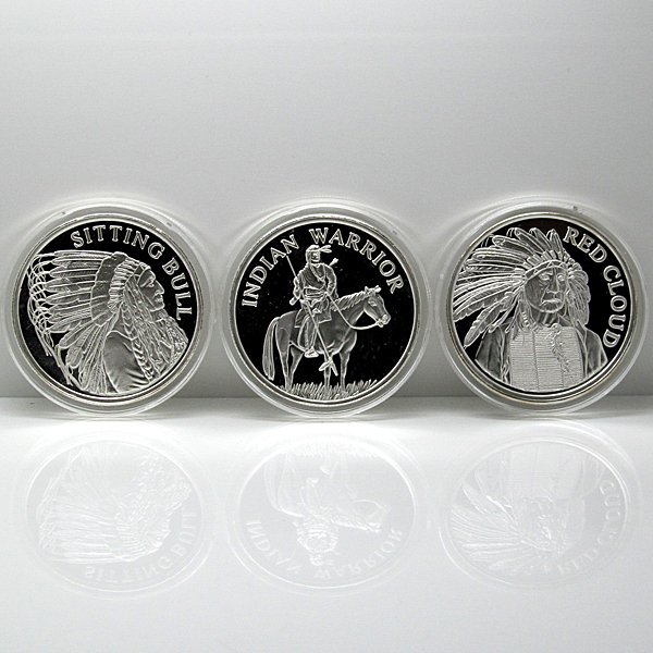 3-Coin Set: Red Cloud, Sitting Bull & Indian Warrior: 3-Coin Set Includes: 1 Oz Red Cloud, Sitting Bull & Indian Warrior on Horseback .999 Silver Rounds.