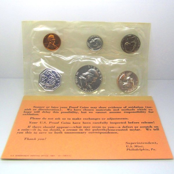 1961 Proof Silver Mint Set: 1961 Proof Silver Set Includes Half Dollar, Quarter, Dime, Nickel, and Penny.