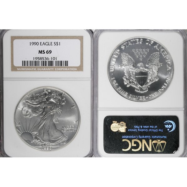 1990 Silver Eagle MS69 NGC - Brown Label: 1990 MS69 NGC Brown Label Silver American Eagle Bullion Coin by The United States Mint. The Silver Eagle Coin Has a Legal Tender Value of $1 and Contains 1 Oz of .999 Fine Silver.