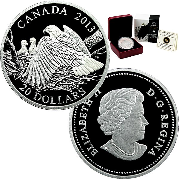 2013 Proof Silver Bald Eagle Protecting Her Nest: 2013 1 Oz Canadian Proof Silver Bald Eagle Protecting Her Nest w/Box&CoA