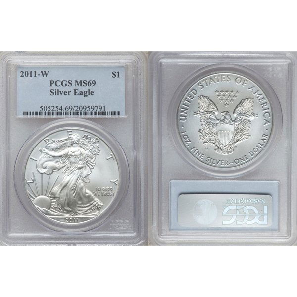 2011-W Burnished Silver Eagle MS69 PCGS: 2011-W MS69 PCGS Burnished Silver American Eagle Bullion Coin by The United States Mint. The Burnished Silver Eagle Coin Has a Legal Tender Value of $1 and Contains 1 Oz of .999 Fine Silver.