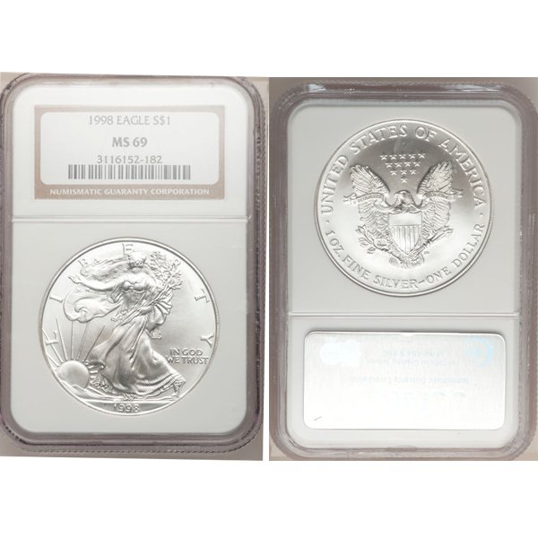 1998 Silver Eagle MS69 NGC - Brown Label: 1998 MS69 NGC Brown Label Silver American Eagle Bullion Coin by The United States Mint. The Silver Eagle Coin Has a Legal Tender Value of $1 and Contains 1 Oz of .999 Fine Silver.