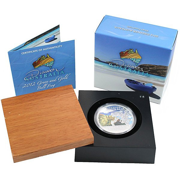 2012-P Proof Silver Discover - Green & Gold Bell Frog: 2012-P Proof Silver Discover Australia Green & Gold Bell Frog Coin by The Royal Australian Mint. Proof Silver Discover Australia Green & Gold Bell Frog Coin Has a Legal Tender Value of $1 Australian D