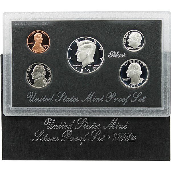 1992-S US Mint Proof Silver Set: In this 5 coin 1992 Silver Proof Set you will receive the Lincoln Cent, Jefferson Nickel, 90% Roosevelt Silver Dime, 90% Silver Washington Quarter and 90% Silver Kennedy Half Dollar. All the coins in 