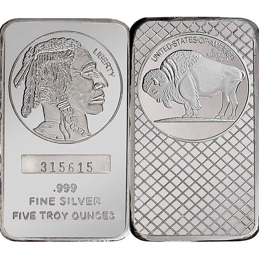 5 Oz Buffalo Design .999 Fine Silver Bar: 5 Oz Buffalo Design .999 Fine Silver Bar. Product Specifications: Contains: 5 oz of .999 Fine Silver. Country of Manufacture: United States of America. Obverse: Classic James Earle Fraser Native Ameri