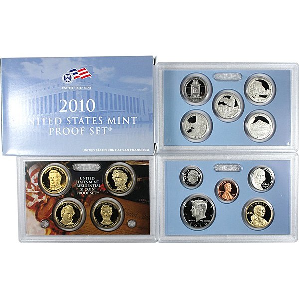 2010-S US Mint 14-Coin Clad Proof Set: The 2010 United States Mint Proof Set contains all 14 circulating coins in stunning proof condition displayed in three protective lenses. Each of these 2010-dated coins bears the "S" mint mark of the 