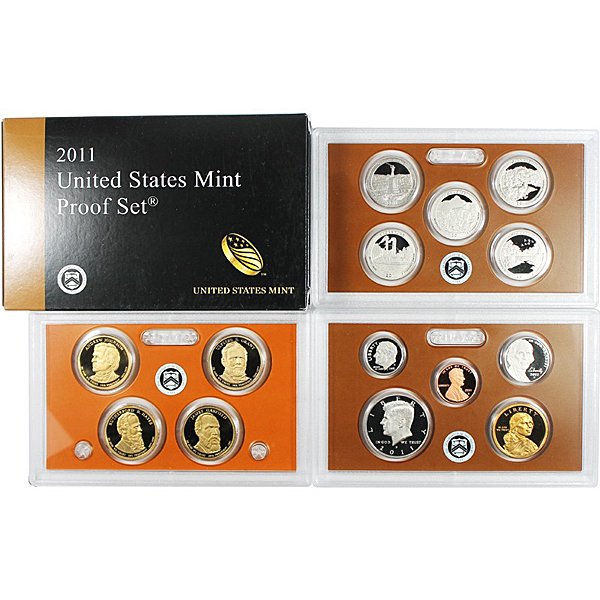 2011-S US Mint 14-Coin Clad Proof Set: 2011 S 14 Piece Proof Set The 2011 United States Mint Proof Set contains all 14 circulating coins in stunning proof condition displayed in three protective lenses. Each of these 2011-dated coins bears
