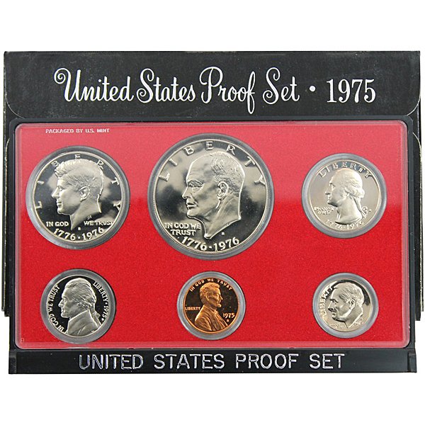1975-S US Mint Proof Set: This 1975 U.S. Mint Proof Set comes housed in it's original box. This coin set is complete with the 1975 S Penny, 1975 S Nickel, 1975 S Dime, 1976 S Quarter, 1976 S Half Dollar and 1976 S Type 1 (I) E