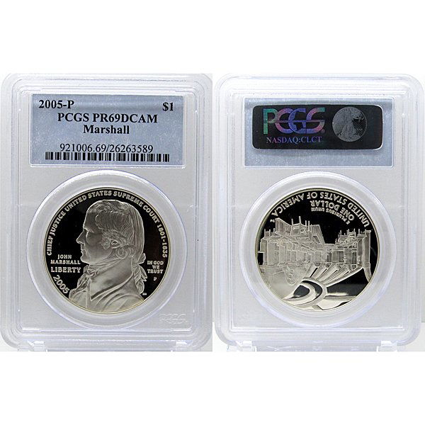 2005-P John Marshall Silver Dollar PR69 PCGS: 2005-P John Marshall Silver Dollar PR69 DCAM PCGS. Product Specifications: This Coin Commemorates the 250th Anniversary of Chief Justice John Marshall's Birth. Year : 2005. Grade: PR69 DCAM PCGS. Cond
