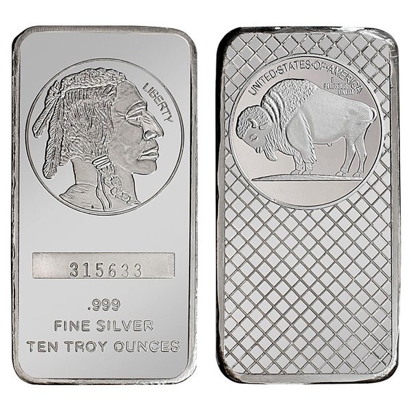 10 Oz Buffalo Design .999 Fine Silver Bar: 10 Oz Buffalo Design .999 Fine Silver Bar. Product Specifications: Contains: 10 oz of .999 Fine Silver. Country of Manufacture: United States of America. Obverse: Classic James Earle Fraser Native Ame