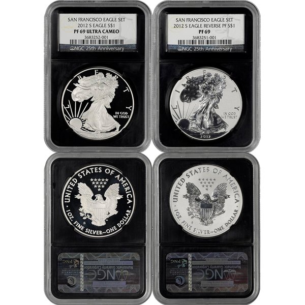 2012-S Eagle Retro Holder PF69 NGC 2-Coin Set: 2-coin Set Includes: 2012-S PF69 NGC was Released to Commemorate the San Francisco U.S. Mint's 75th Anniversary. Each Set Includes the Proof and the Reverse Proof Silver Eagles with Both Coins Featuri