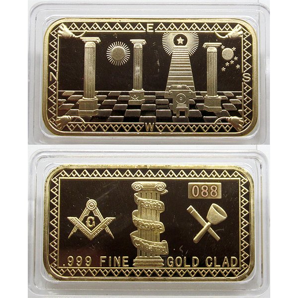 1 Oz Masonic Design Gold Plated Bar: 1 Oz Masonic Design 24k Gold Plated Art Bar