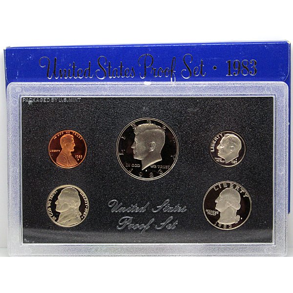 1983-S US Mint Proof Set w/Box&CoA: In this 1983 Complete 5 Coin Clad Proof Set you will receive the Penny, Nickel, Dime, Quarter, Half Dollar (all bearing the S Mint Mark). This set comes in the original box.