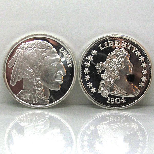 1804 Dollar & Buffalo Design .999 Silver Rounds: 2-Coin Set Includes: 1 Oz 1804 Silver Dollar Design .999 Fine Silver Round & 1 Oz Buffalo Design .999 Fine Silver Round. Made in USA.