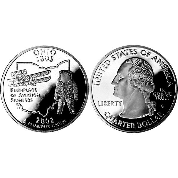 2002-S Ohio State Quarter 90% Silver Proof: 2002-S Ohio State Quarter 90% Silver Gem Deep Cameo Proof Coin *Free shipping for all domestic orders over $50. **Use this stock photograph as an indicator of the quality of the coin(s) you will recei
