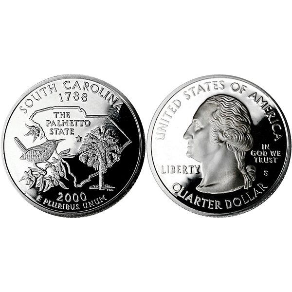 2000-S South Carolina State Quarter 90% Silver Proof: 2000-S South Carolina State Quarter 90% Silver Gem Deep Cameo Proof Coin *Free shipping for all domestic orders over $50. **Use this stock photograph as an indicator of the quality of the coin(s) you
