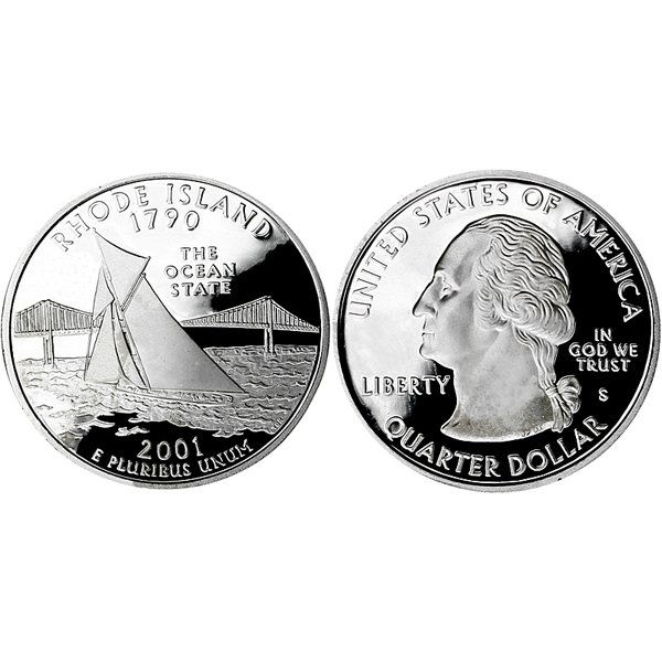 2001-S Rhode Island State Quarter 90% Silver Proof: 2001-S Rhode Island State Quarter 90% Silver Gem Deep Cameo Proof Coin *Free shipping for all domestic orders over $50. **Use this stock photograph as an indicator of the quality of the coin(s) you wi